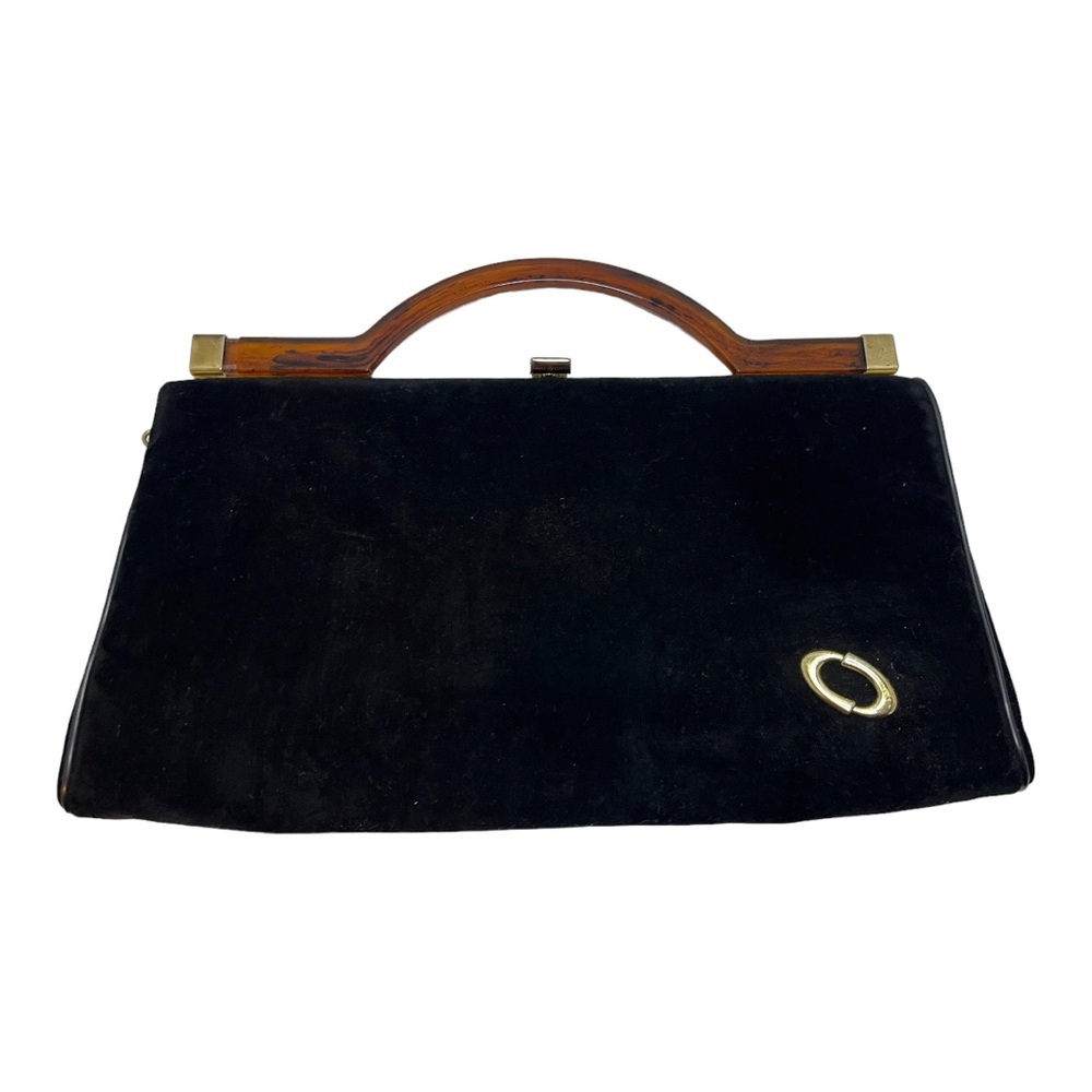 Black Suede Top-Handle Clutch with Wood Accents